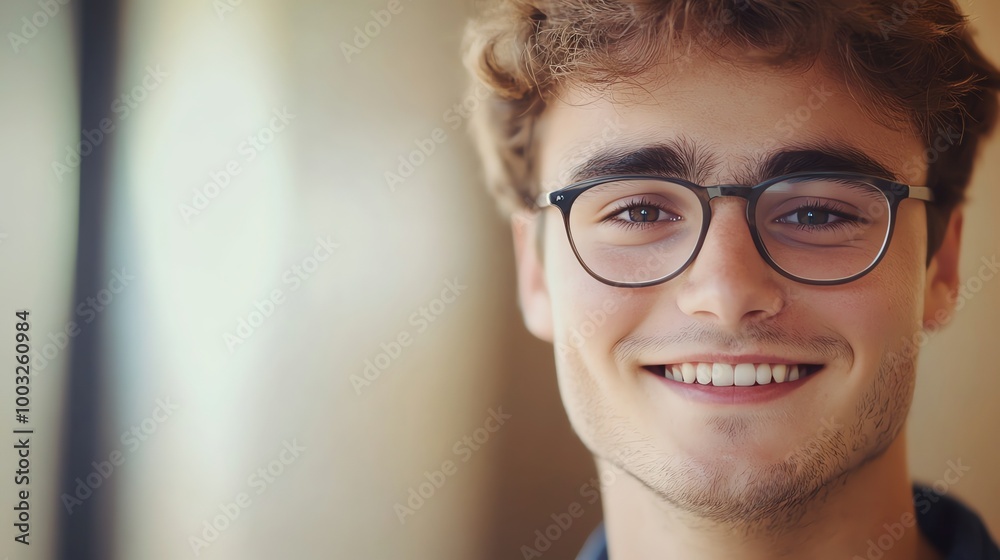 A young man with curly hair and glasses smiling brightly. A young man with curly hair and glasses smiling brightly.