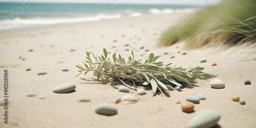 Sand dunes and grass on beach. AI generated