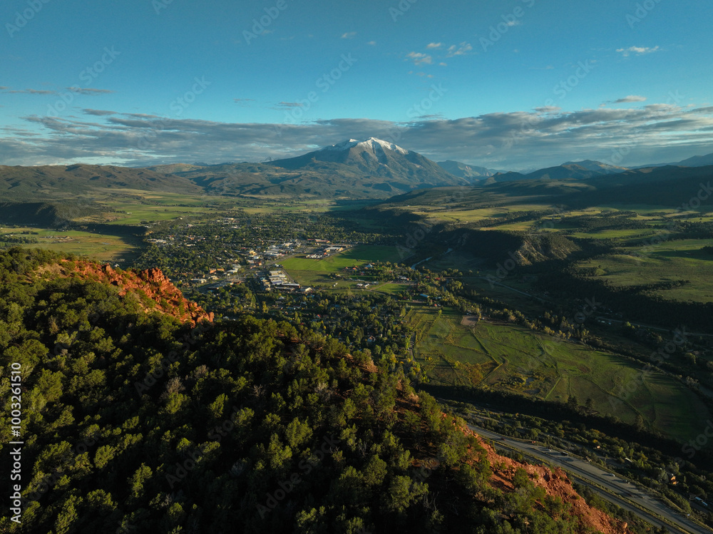 Naklejka premium Aerial view of snow topped Mount Sopris near Carbondale, Colorado USA