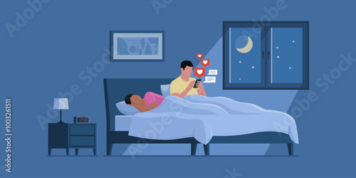 Man connecting on social media at night while his wife is sleeping