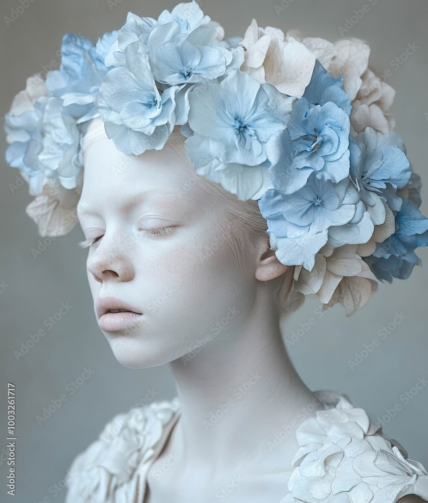 Dreamy portrait of a woman with closed eyes, adorned with delicate blue flowers, serene mood. AI-generated Dreamy portrait of a woman with closed eyes, adorned with delicate blue flowers, serene mood. AI-generated