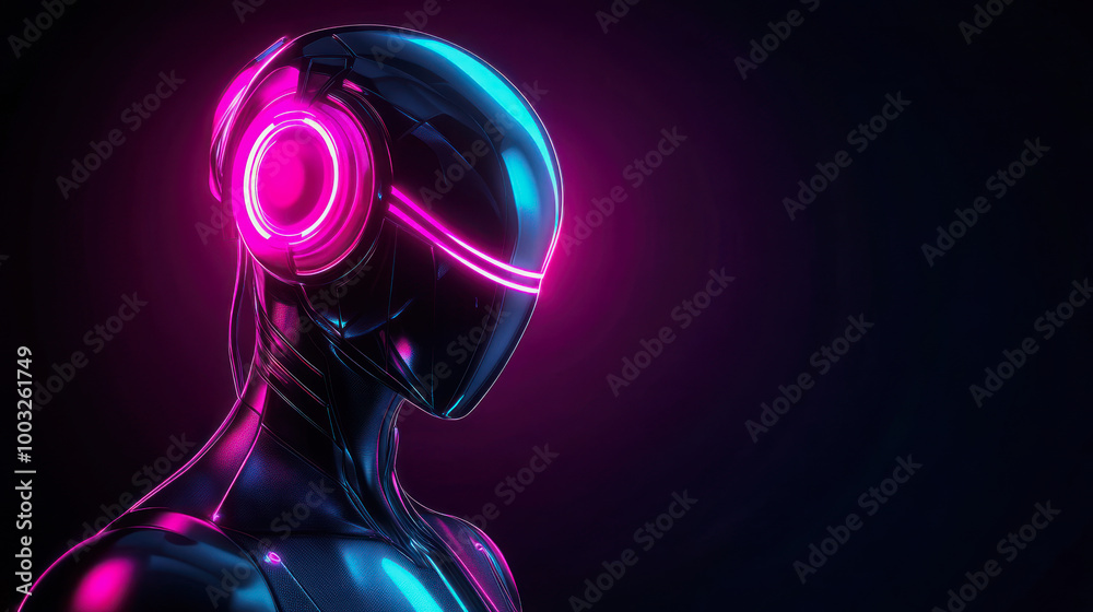 dark cybernetic robot with pink neon color on plain dark purple background dark cybernetic robot with pink neon color on plain dark purple background