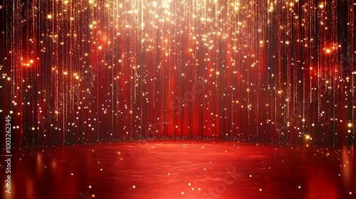 Red stage curtain with golden glitter and sparkling lights photo