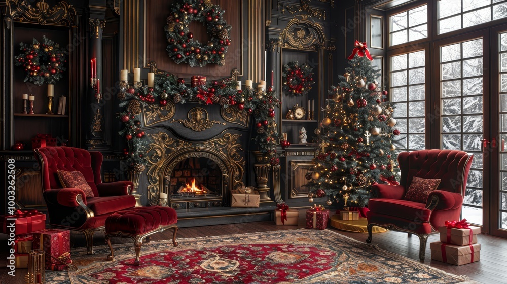 Christmas Interior in Classic Style. Christmas tree, fireplace, armchairs, gifts. Christmas Eve