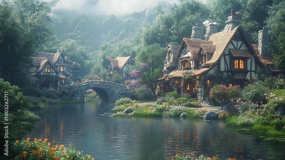 Fototapeta premium Fantasy village with wooden houses, bridge, and river in a lush forest