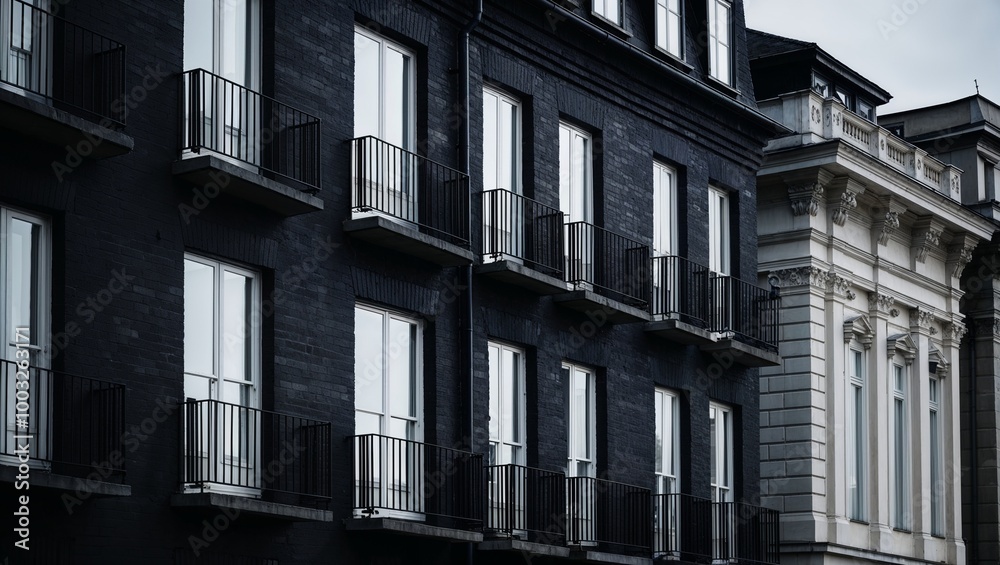 close-up view of the exterior of a multi-story building, showcasing a series of windows and balconies.