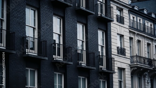 close-up view of the exterior of a multi-story building, showcasing a series of windows and balconies.