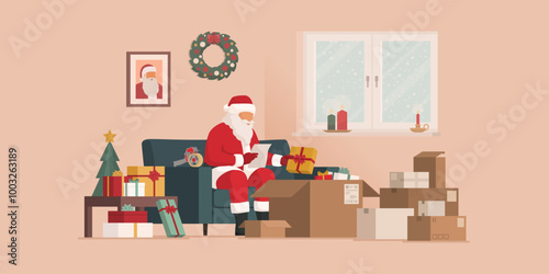 Santa Claus preparing Christmas gifts for delivery