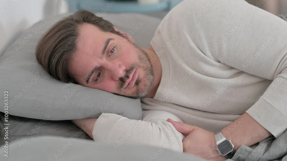 Pensive Young Man Lying on Side in Bed Pensive Young Man Lying on Side in Bed