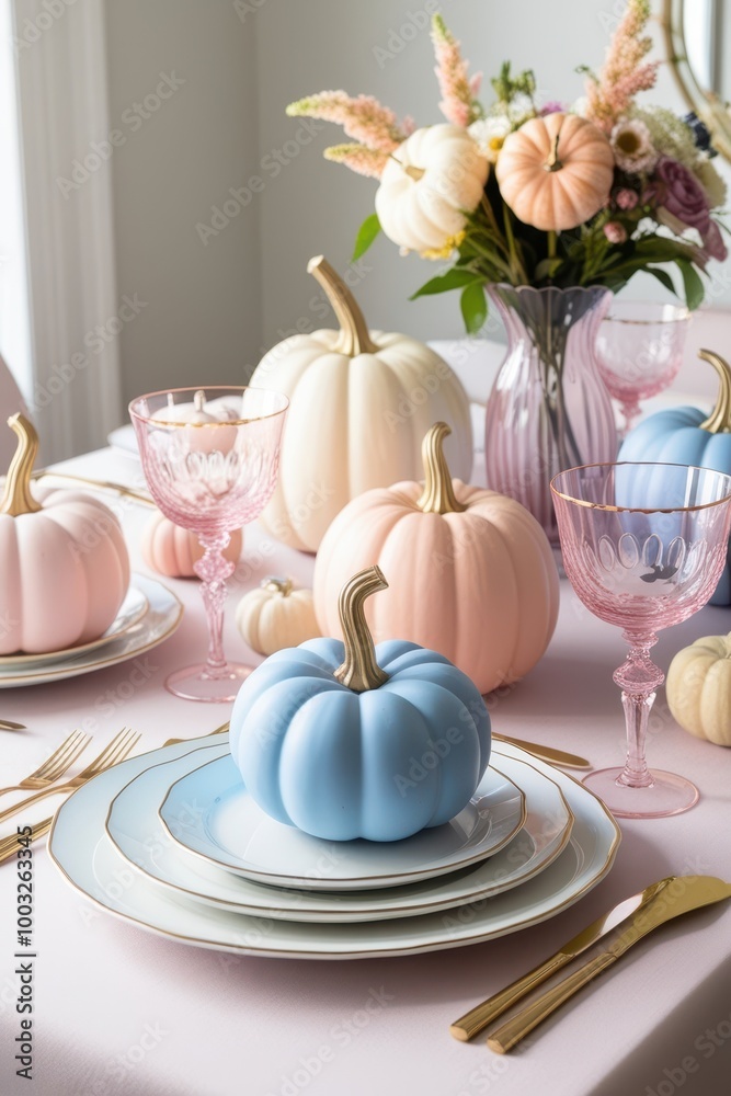 Chic dining table with pastel pumpkins Chic dining table with pastel pumpkins