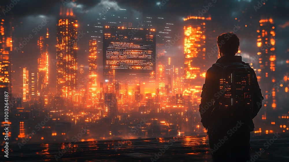 Silhouette of Man Looking at a Futuristic Cyberpunk Cityscape