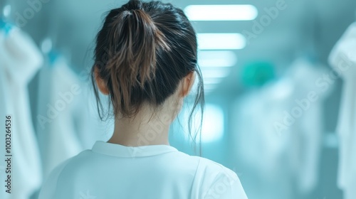 A mysterious back view of a woman in a white uniform walking down a bright corridor, evoking thoughts of journeys, professions, and unknown destinations. photo