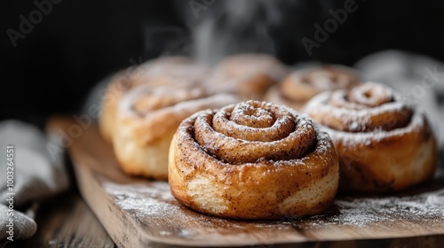 Cinnamon rolls are freshly baked, emitting steam, placed alluringly on a rustic wooden board. Their spirals reveal a sweet, cinnamon-laden indulgence.