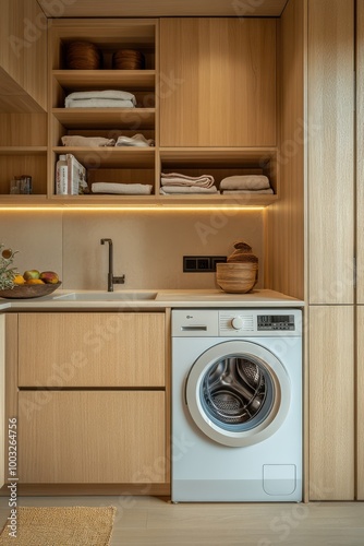 A white washing machine sits in a kitchen with wooden cabinets