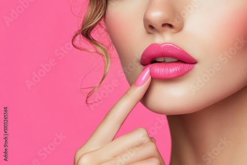 Beautiful woman with pink lips and nails on her fingers Close-up portrait of a beautiful girl in bright makeup with pink lipstick, touching her lips, isolated over a pink background Generative AI