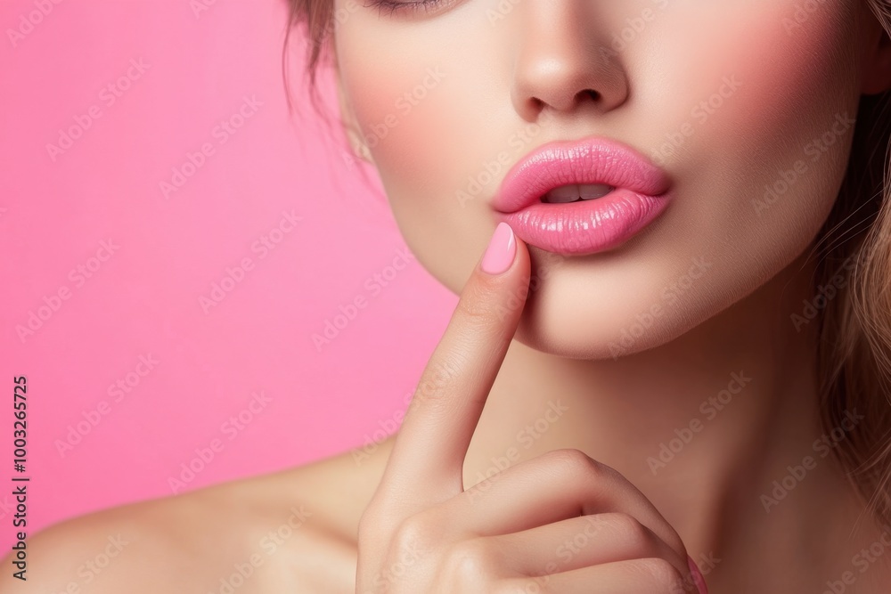 Beautiful woman with pink lips pointing her finger to her perfect, glossy lips on a pink background Close-up portrait of a beautiful female model touching her lips with her hand Generative AI Beautiful woman with pink lips pointing her finger to her perfect, glossy lips on a pink background Close-up portrait of a beautiful female model touching her lips with her hand Generative AI