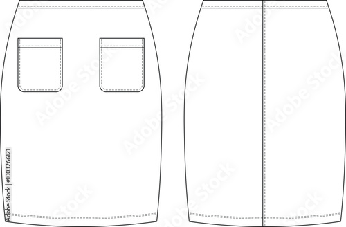 with pockets elastic short mini body con skirt template technical drawing flat sketch cad mockup fashion woman design style model

