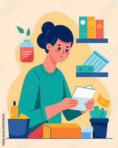 A person carefully organizing their coupons at home before heading to the store ready to save money on their weekly groceries.. Vector illustration