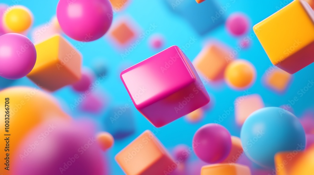 Abstract, colorful background of 3D floating shapes in blue, pink, and yellow.