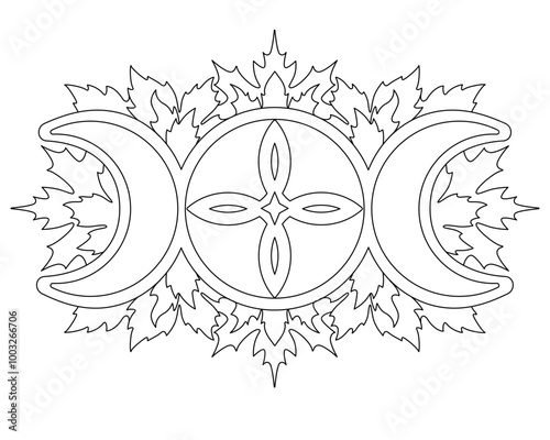 Three phases of the moon, goddess symbol and leaves - vector linear picture for coloring. Outline. Waxing, full and waning moon and celtic symbol for coloring book