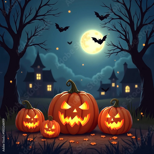 An autumn night with a full moon and a bat flying, illuminated halloween pumpkin