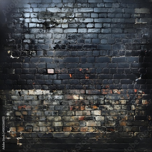  a section of an old brick wall. The bricks are mostly dark in color, with shades of black, gray, and some brown. The wall appears weathered and aged, with some areas showing signs of wear and tear
