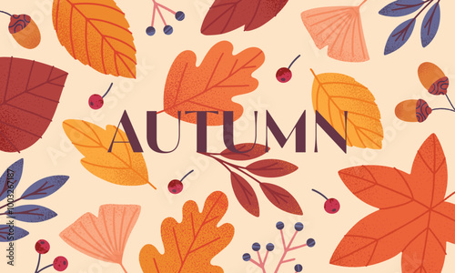 Autumn seasonal banner with leaves,acorns,berries and plants in fall colors.Vector modern illustration.Trendy autumn template for prints,ad,social media marketing,branding,packaging,covers.