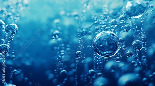 a close-up view of bubbles underwater. The scene is predominantly blue, giving a sense of being submerged. The bubbles vary in size, with some being large and others small, and they are rising upwards