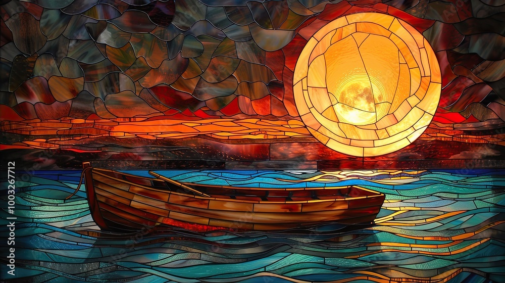 A stunning stained glass artwork featuring a wooden boat floating on calm waters under a full moon, rich in color and texture.