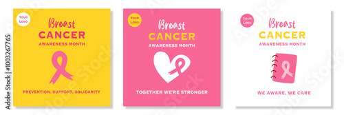 Set of template of October Breast Cancer awareness month. Creative designs with pink ribbon and motivational text for social media posting, banner, flyer, and poster