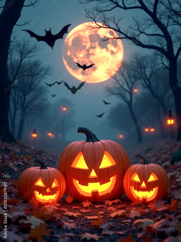 An autumn night with a full moon and a bat flying, illuminated halloween pumpkin An autumn night with a full moon and a bat flying, illuminated halloween pumpkin