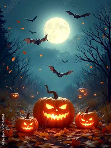 An autumn night with a full moon and a bat flying, illuminated halloween pumpkin