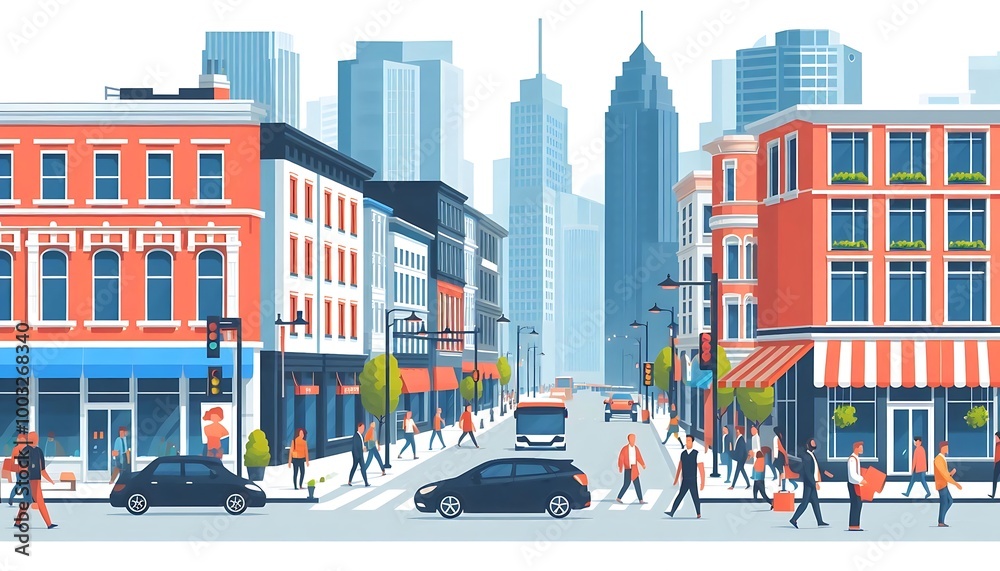 Obraz premium busy city street with people walking, cars driving, and shops in the background, flat design illustration, isolated on white background