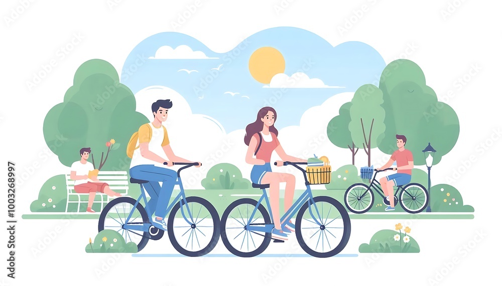 Naklejka premium young couple riding bicycles together in a park on a sunny day, flat design, isolated on white background