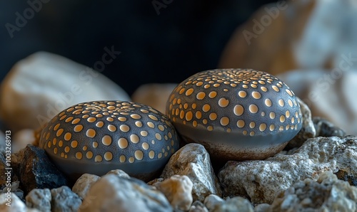 Two small, round, grey and gold spotted plants on a bed of pebbles. photo