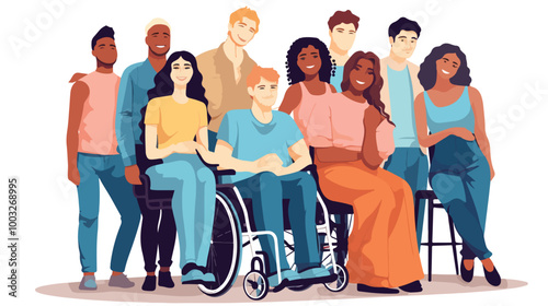 Inclusive Group of Diverse Young People with Disabilities in Multiracial Cartoon Style
