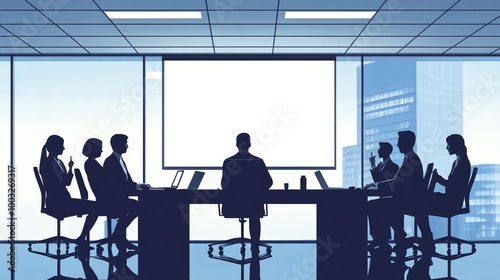 Silhouettes of business people in a meeting room, with a projector screen.