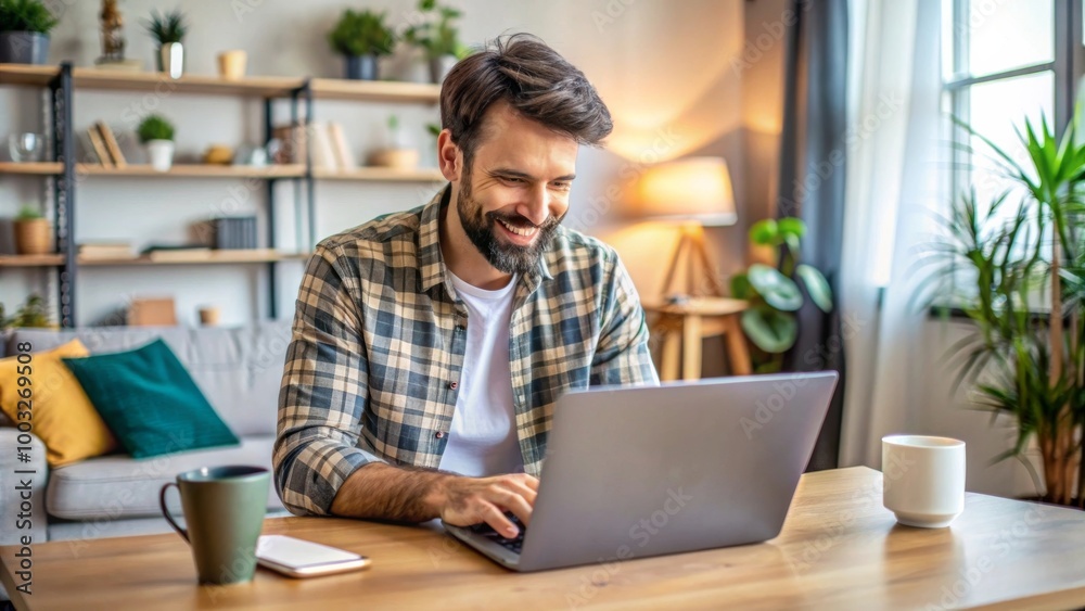 Freelancer Man Working on Laptop in a Cozy Pastel Living Room, Browsing the Internet and Enjoying Social Networks Freelancer Man Working on Laptop in a Cozy Pastel Living Room, Browsing the Internet and Enjoying Social Networks