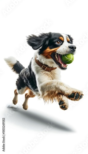 dog running with a ball in its mouth, isolated on white background