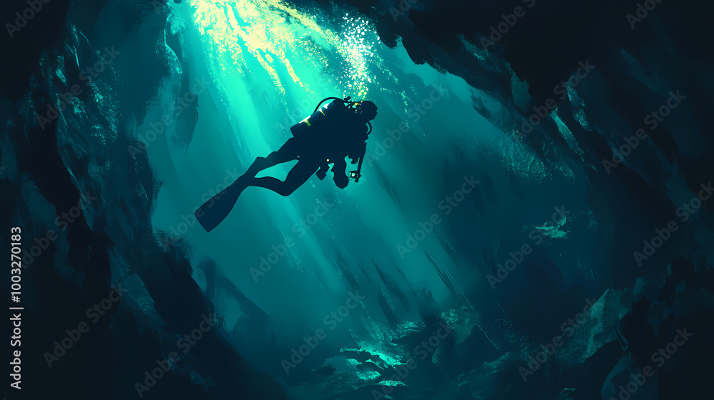 Scuba diver explores underwater cave illuminated by sunlight streaming through the water, showcasing the mystic beauty of ocean depths. Ocean Depths. Illustration Scuba diver explores underwater cave illuminated by sunlight streaming through the water, showcasing the mystic beauty of ocean depths. Ocean Depths. Illustration