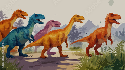 illustration of different types cartoon vector dinosaurs on transparent background or nature.