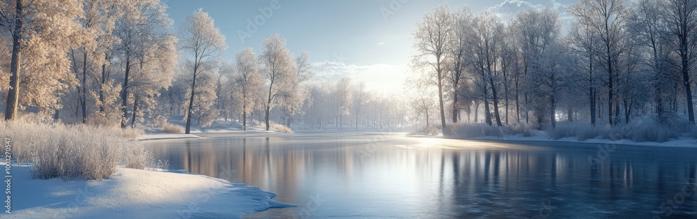 Frozen Lake with Cracks and Snow-Covered Pine Trees in a Winter Landscape Frozen Lake with Cracks and Snow-Covered Pine Trees in a Winter Landscape