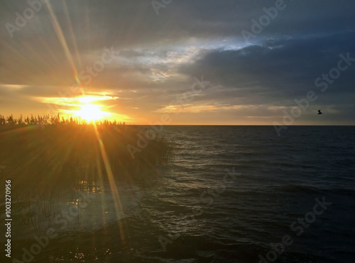 Autumn sunrise over the Curonian Lagoon. View of the bay from the resort town of Nida, Lithuania. photo