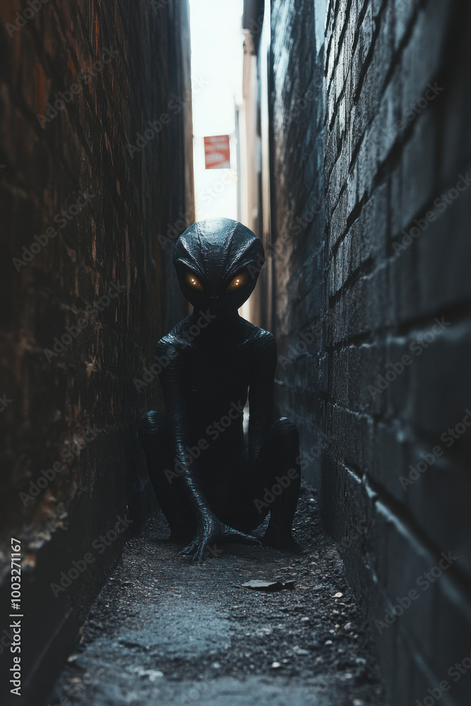 Mysterious alien figure with glowing eyes crouches in a dark, narrow alley between brick walls. Mysterious alien figure with glowing eyes crouches in a dark, narrow alley between brick walls.