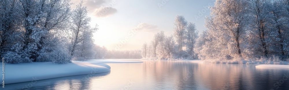 Frozen Lake with Cracks and Snow-Covered Pine Trees in a Winter Landscape Frozen Lake with Cracks and Snow-Covered Pine Trees in a Winter Landscape
