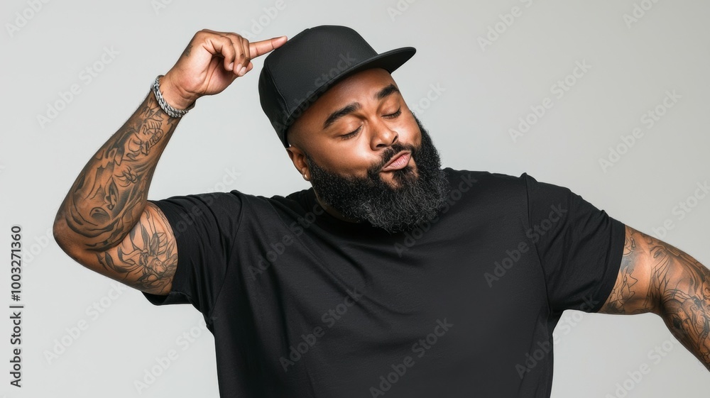 A man with a black hat and beard is posing for a picture A man with a black hat and beard is posing for a picture