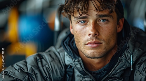 Portrait of a Focused Young Man, Close Up Highlighting Striking Blue Eyes and Rugged Appearance.