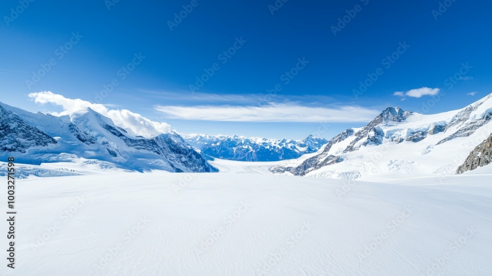 A mountain range with snow-covered peaks and a clear blue sky