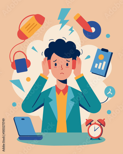 A person avoiding phone calls from debt collectors too overwhelmed to deal with their financial problems.. Vector illustration