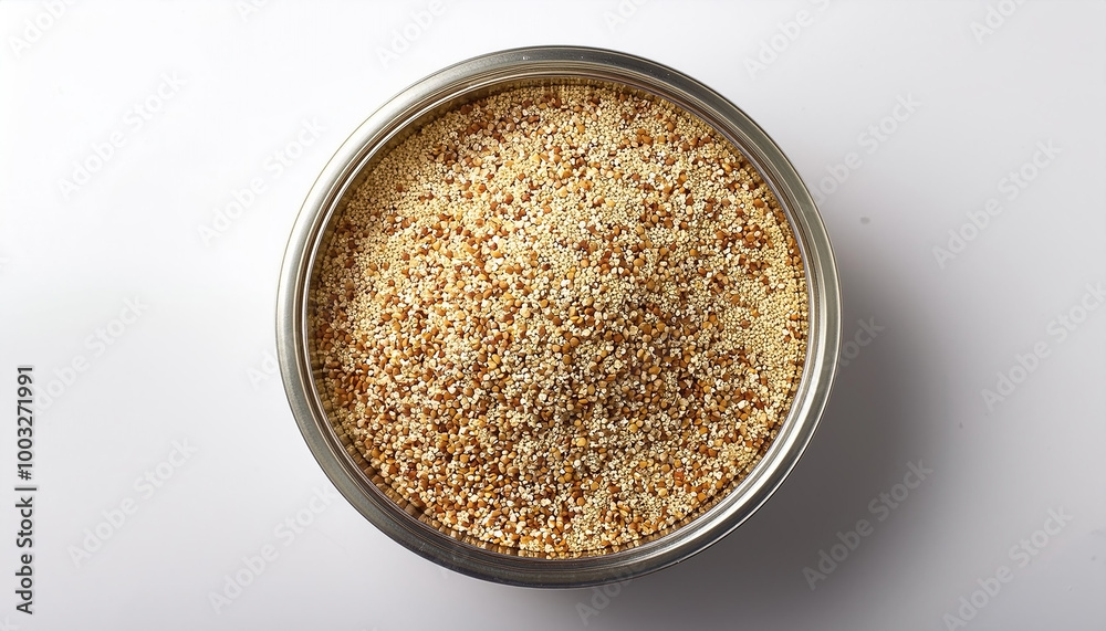 Small container containing quinoa grains, placed in the center of a white background Small container containing quinoa grains, placed in the center of a white background